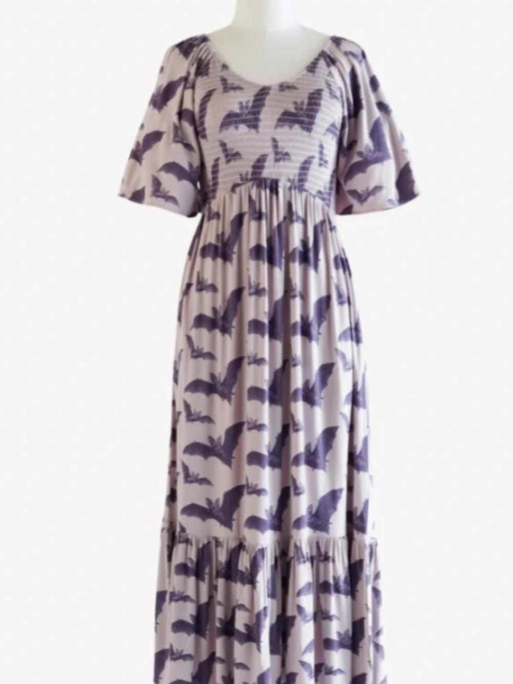 Kate Quinn womens flutter sleeve smocked midi dress | purple bats| bamboo XL